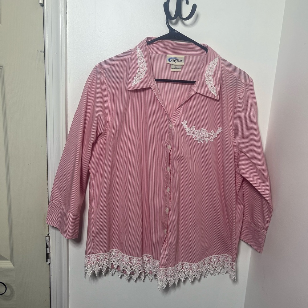 Vintage Asolas Pink & White Striped Lace Trim Button-Up Blouse Size L